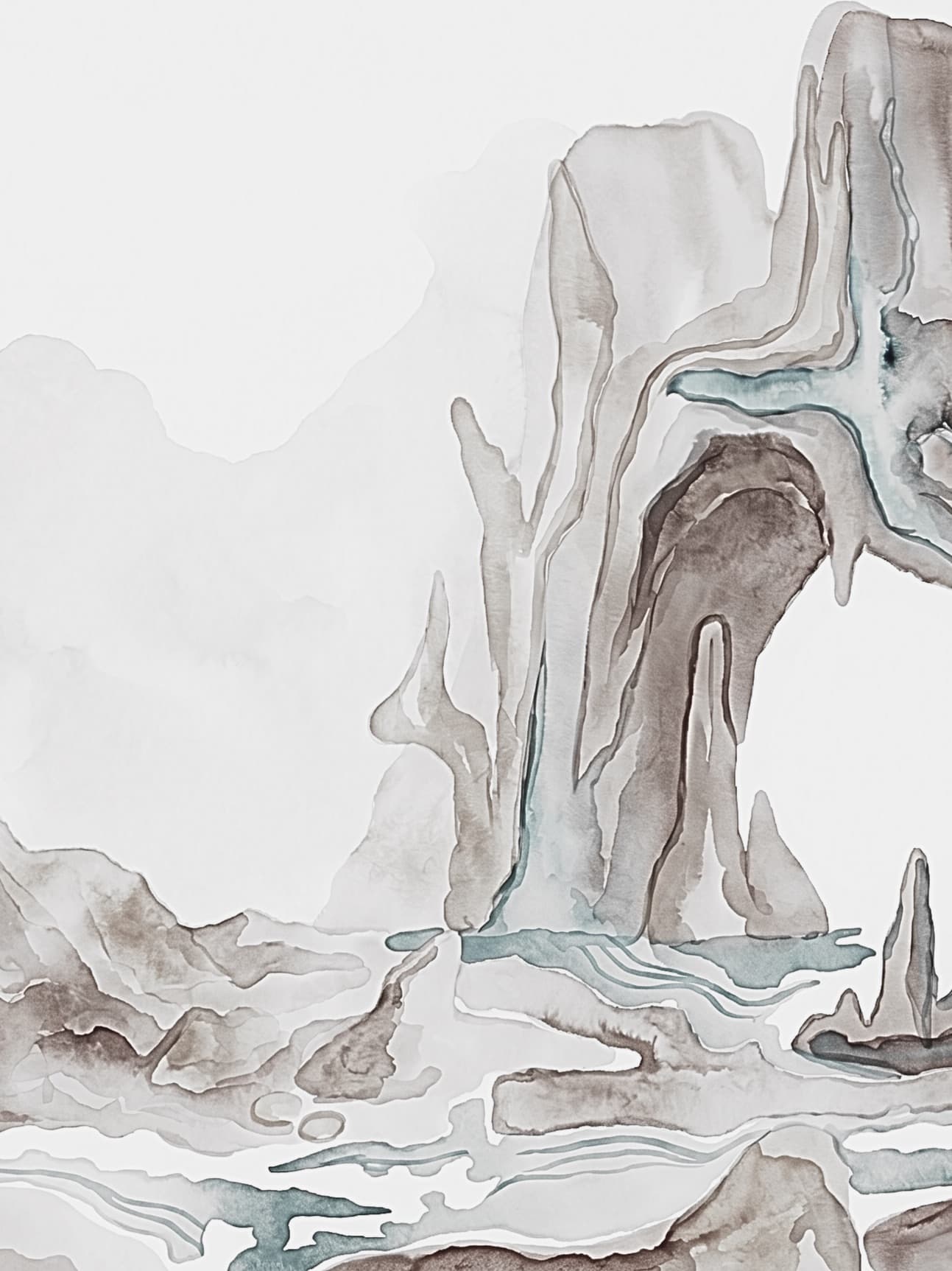 Abstract watercolor-inspired illustration of Devil’s Crown in Galápagos, featuring layered volcanic rock formations, flowing ocean elements, and organic coastal textures in soft earth tones.