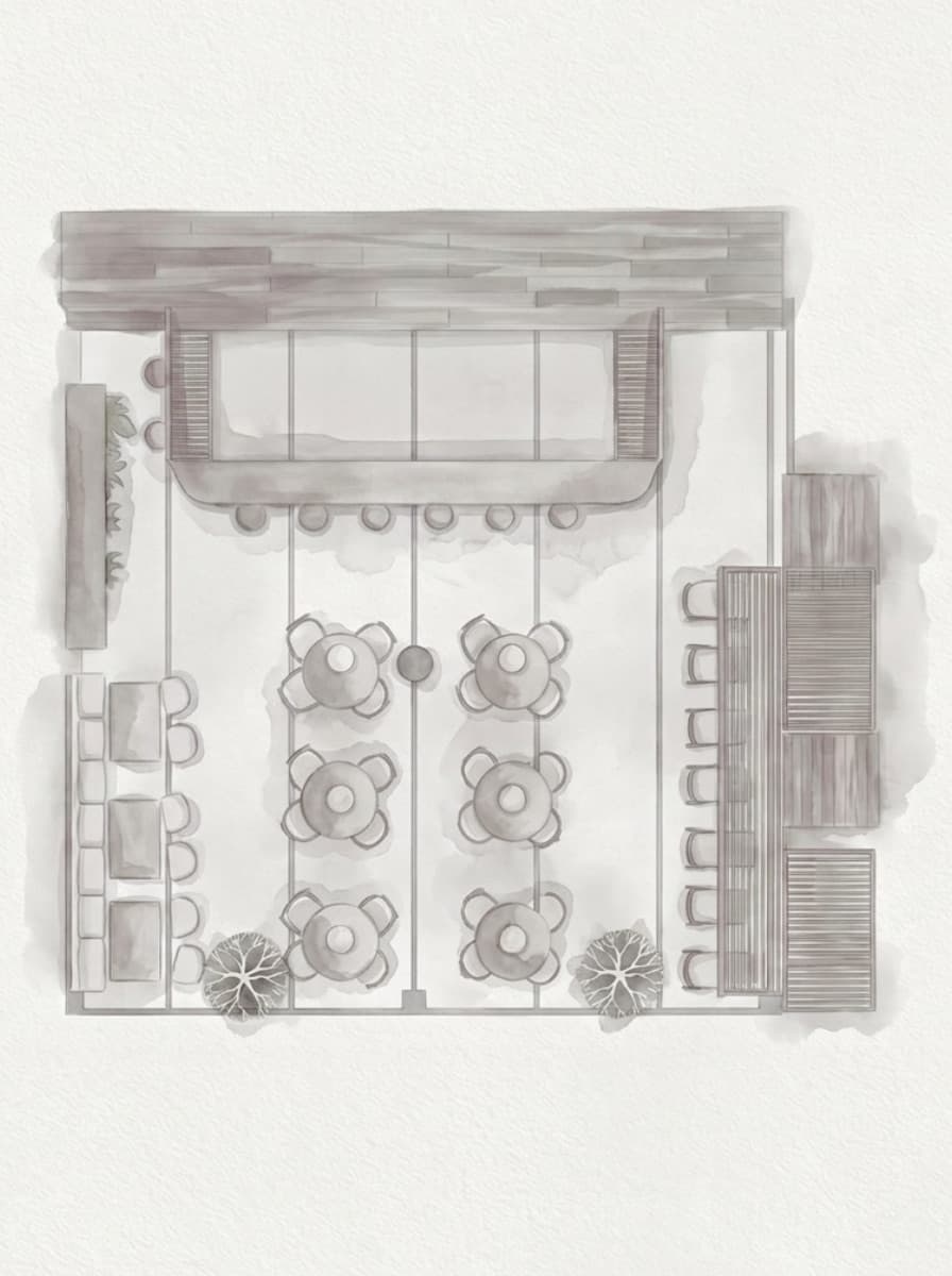 Conceptual floor plan sketch for a signature cocktail bar in Galápagos, illustrating the spatial ideation of seating areas, central bar layout, lounge zones, and contemporary hospitality design.
