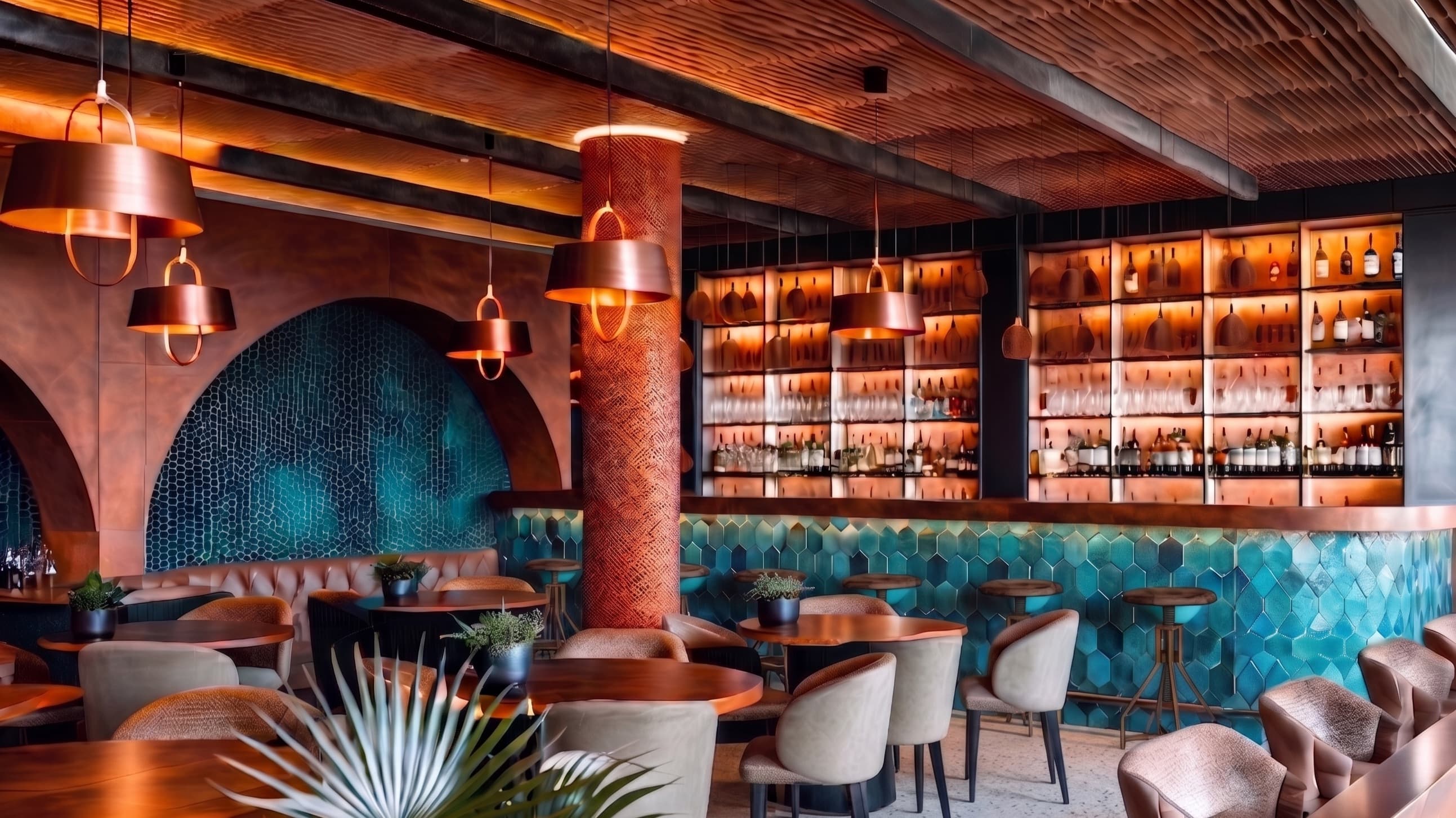 Luxury cocktail bar interior in Galápagos featuring warm ambient lighting, turquoise tiled bar, handcrafted textures, and modern signature mixology design by Impactfly.