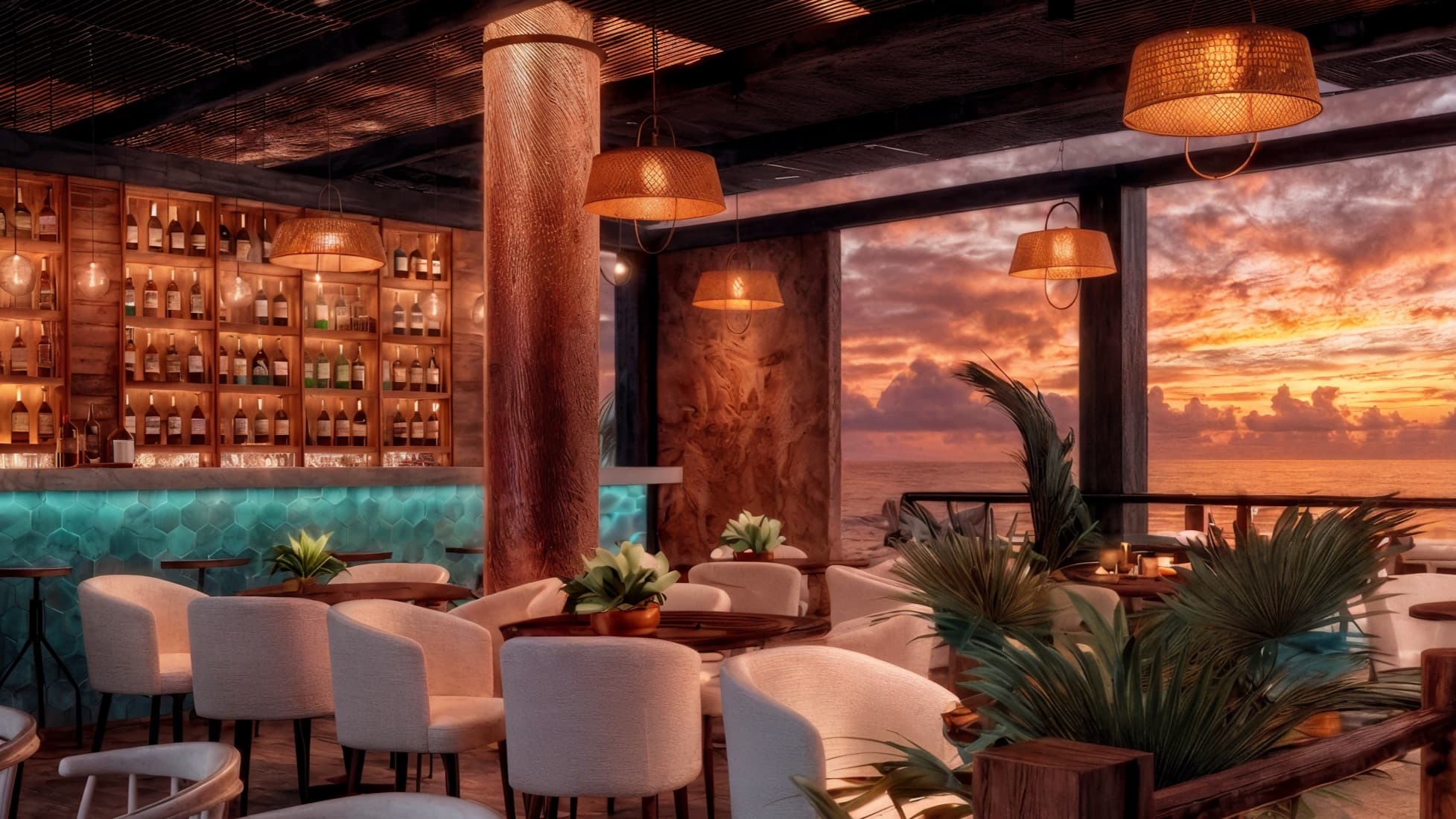 Luxury oceanfront cocktail bar in Galápagos featuring a glowing turquoise bar, warm earthy interiors, handcrafted lighting, and panoramic sunset views, designed by Impactfly.