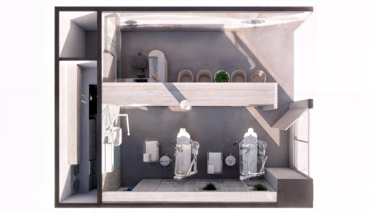 Top-down architectural visualization of a compact dental clinic, illustrating the spatial layout of treatment stations, reception, waiting area, and service spaces within a functional, minimalist interior.