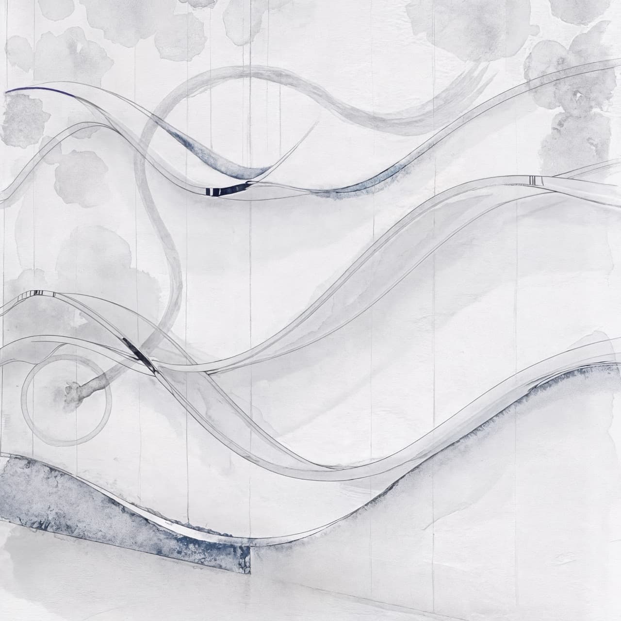 Abstract architectural concept sketch featuring flowing organic curves, delicate pencil lines, and soft blue-gray watercolor textures, exploring fluidity, serenity, and movement in the interior design of a contemporary dental clinic.