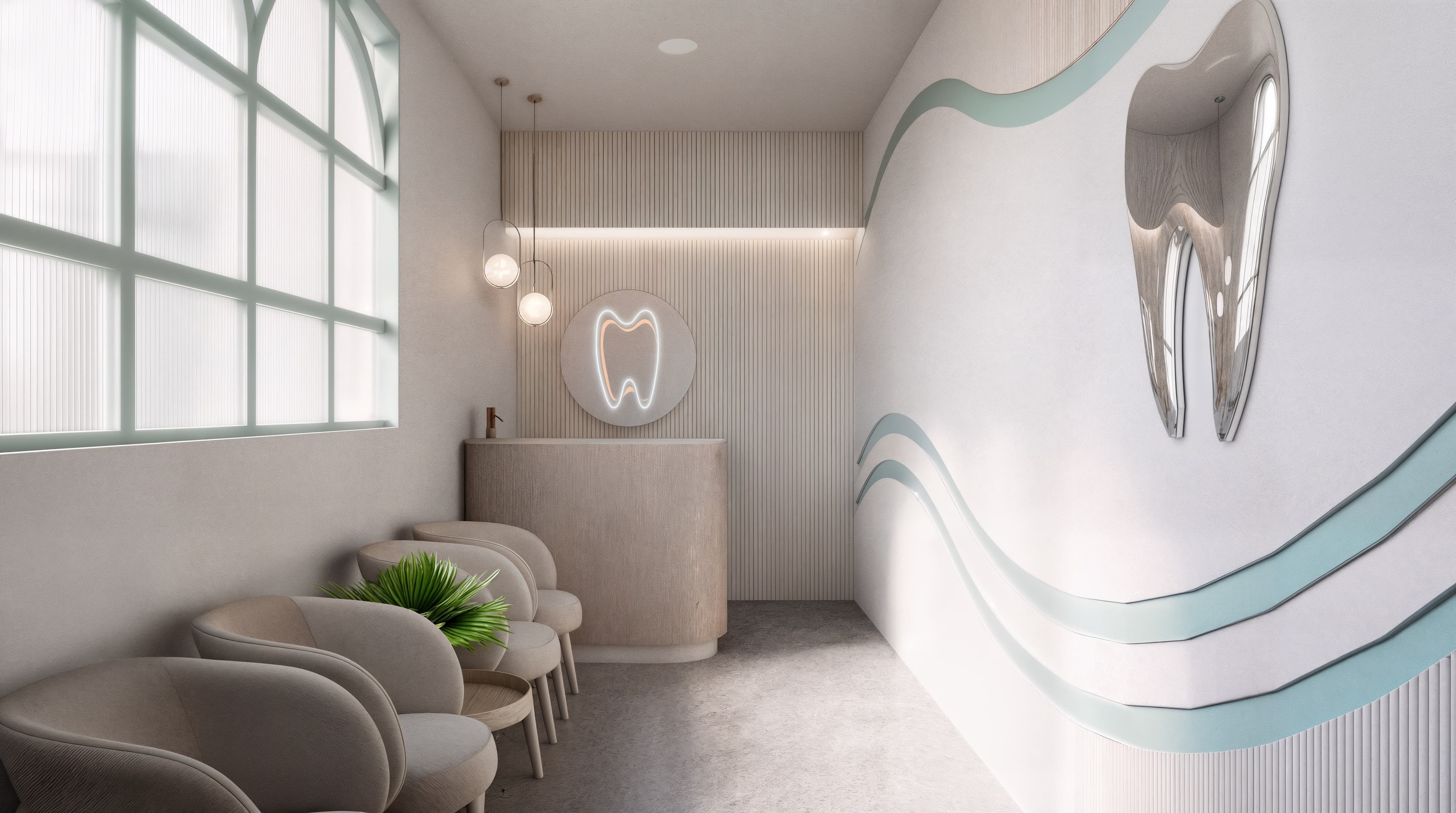 Contemporary dental clinic waiting area featuring flowing mint-green wall accents, sculptural tooth-inspired artwork, curved reception desk, soft upholstered seating, and natural light in a serene, organic interior.