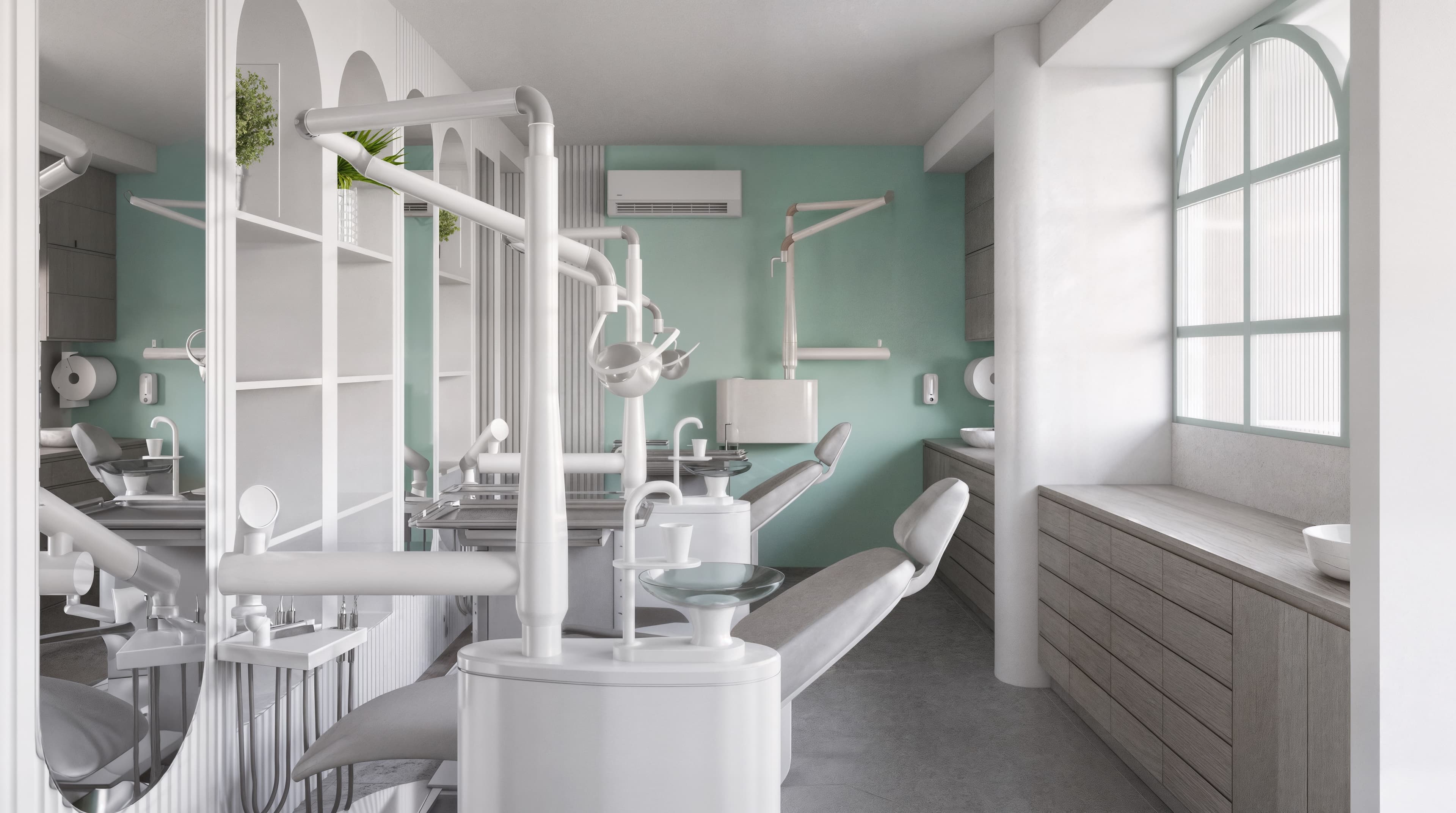Contemporary dental clinic interior featuring white treatment chairs, soft mint-green walls, arched glass partitions, and fluted detailing, creating a bright, serene, and welcoming clinical environment.