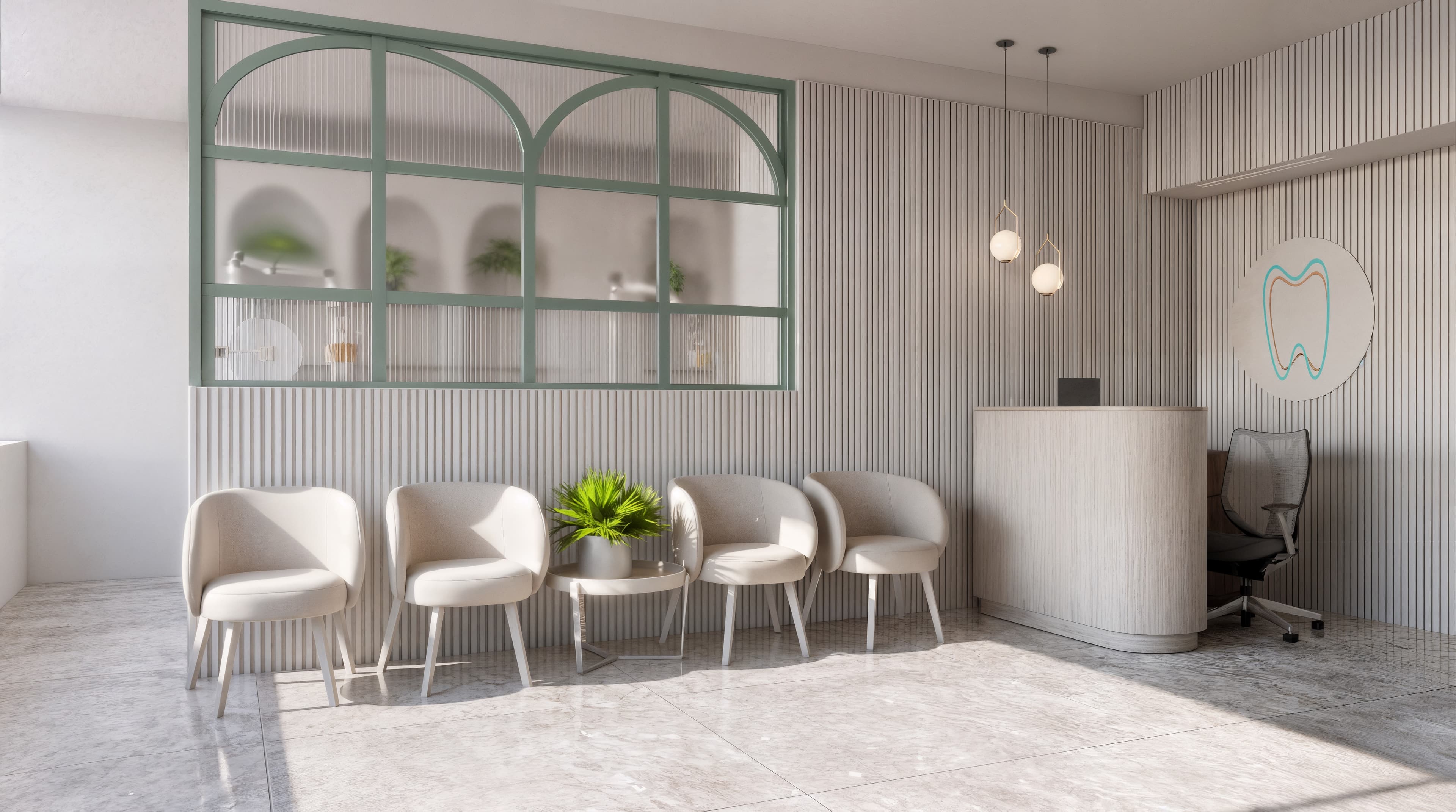 Modern dental clinic reception and waiting area featuring curved furniture, fluted wall panels, mint-green arched glass partitions, natural greenery, and soft lighting in a warm, minimalist interior.