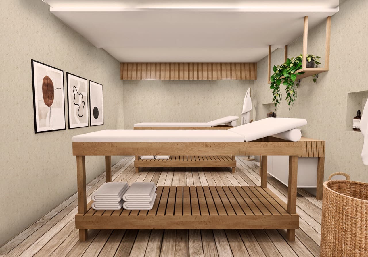 Fotografia, cuarto de masaje, construcción de madera y luz calida