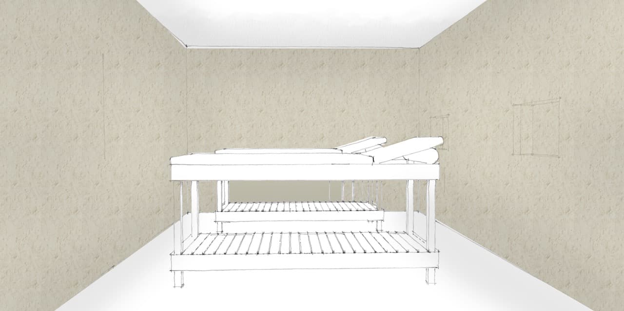 Boceto, cuarto de masaje, construcción de madera y luz calida
