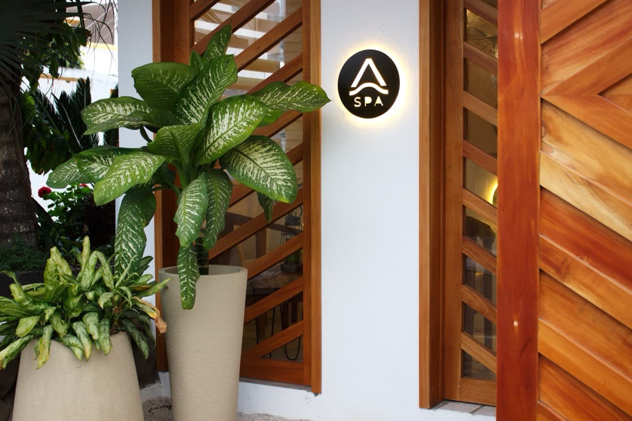 Fotografia, fachada frontal con acabado en madera tipo roca, decorada con macetas de vegetación que aportan un toque natural y acogedor.