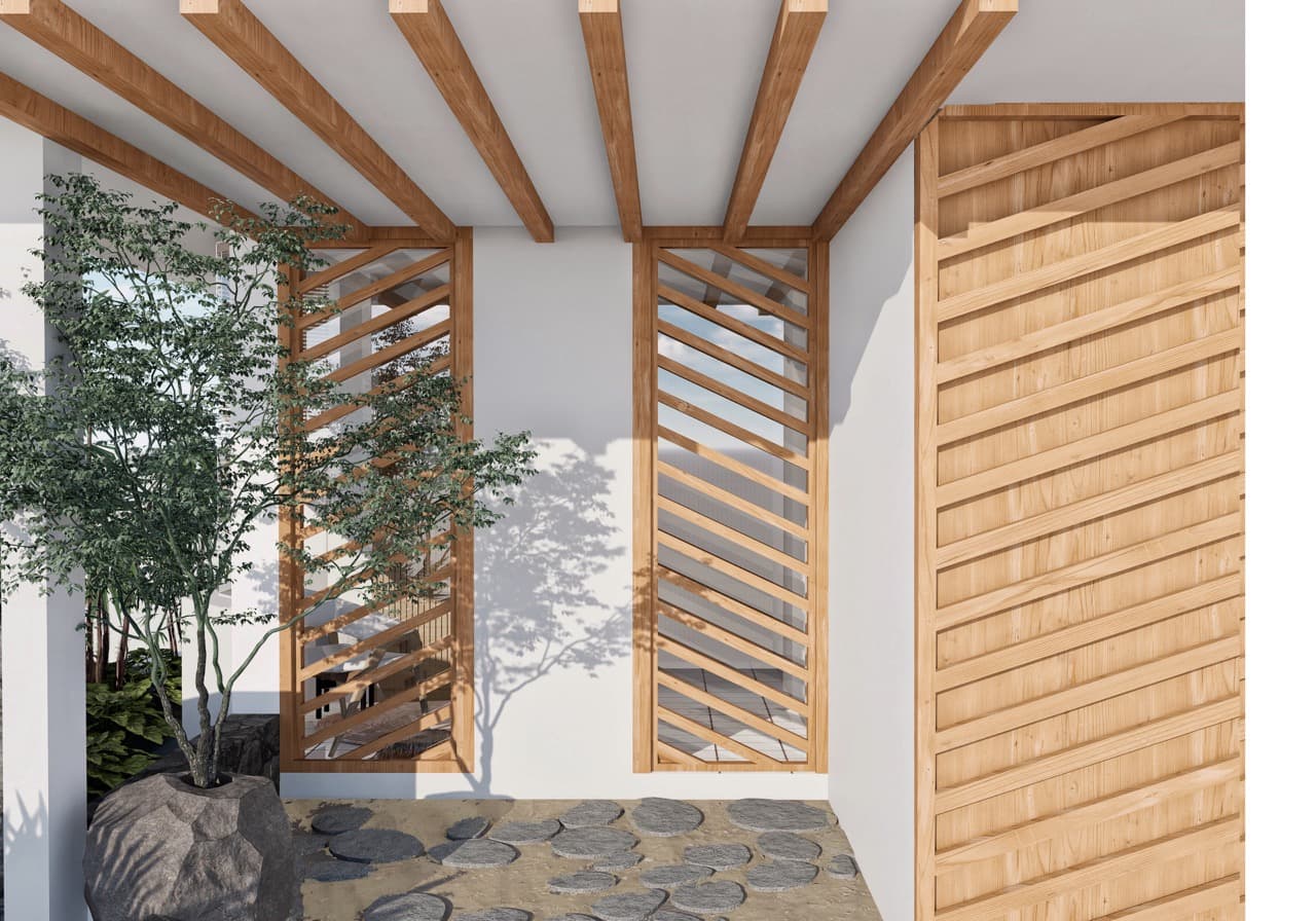 Render fachada frontal con acabado en madera tipo roca, decorada con macetas de vegetación que aportan un toque natural y acogedor.