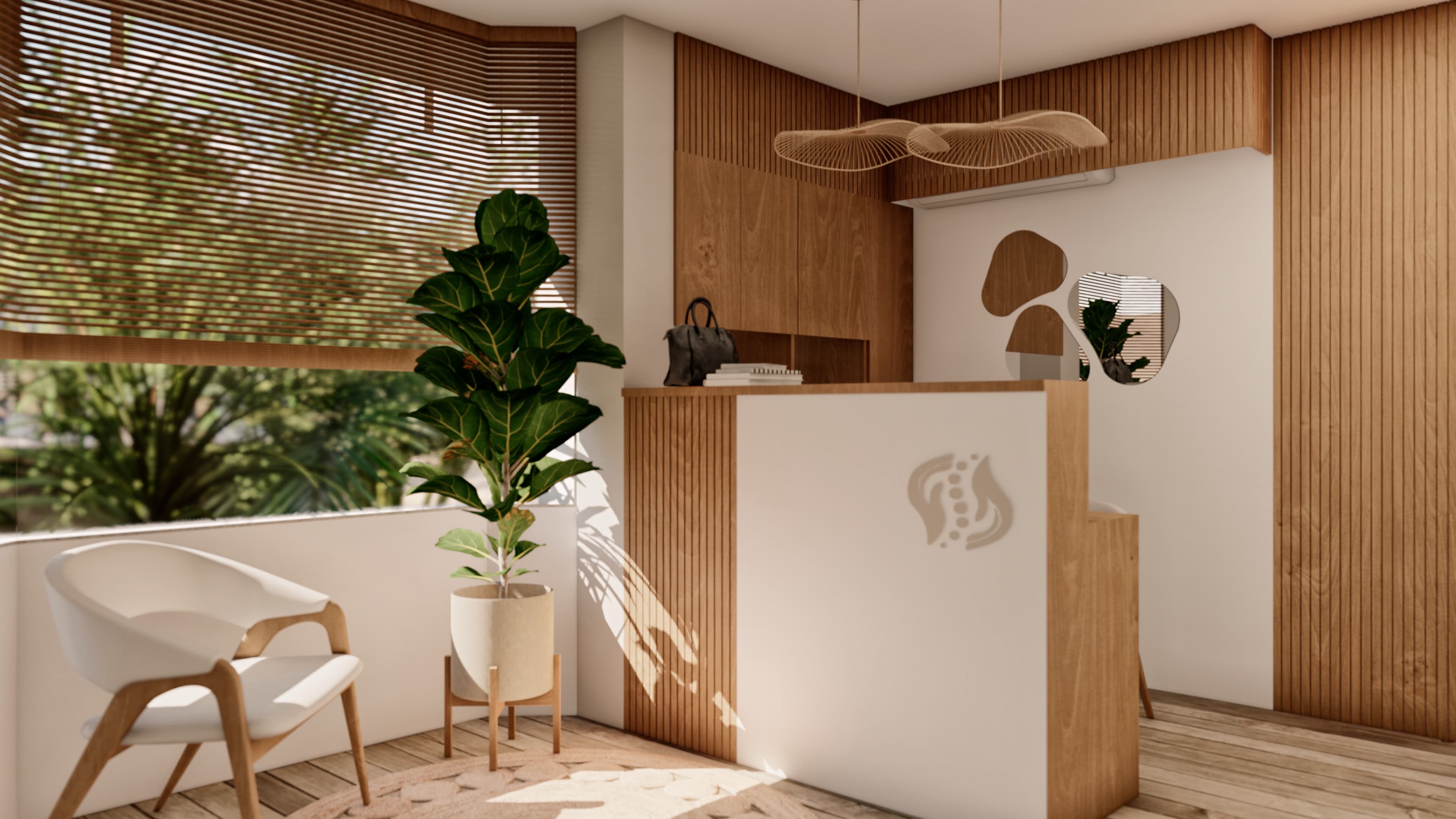 Diseño interior de recepción con estética minimalista y natural; mobiliario en madera, detalles orgánicos, iluminación cálida y vegetación integrada
