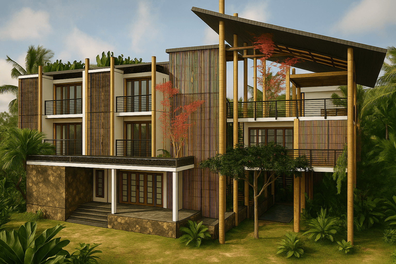 Eco-hotel de tres niveles con fachada de bambú y amplios ventanales, rodeado de vegetación tropical. La arquitectura integra elementos naturales como celosías, techos inclinados y pilares expuestos, promoviendo la ventilación cruzada y la conexión visual con el entorno natural.