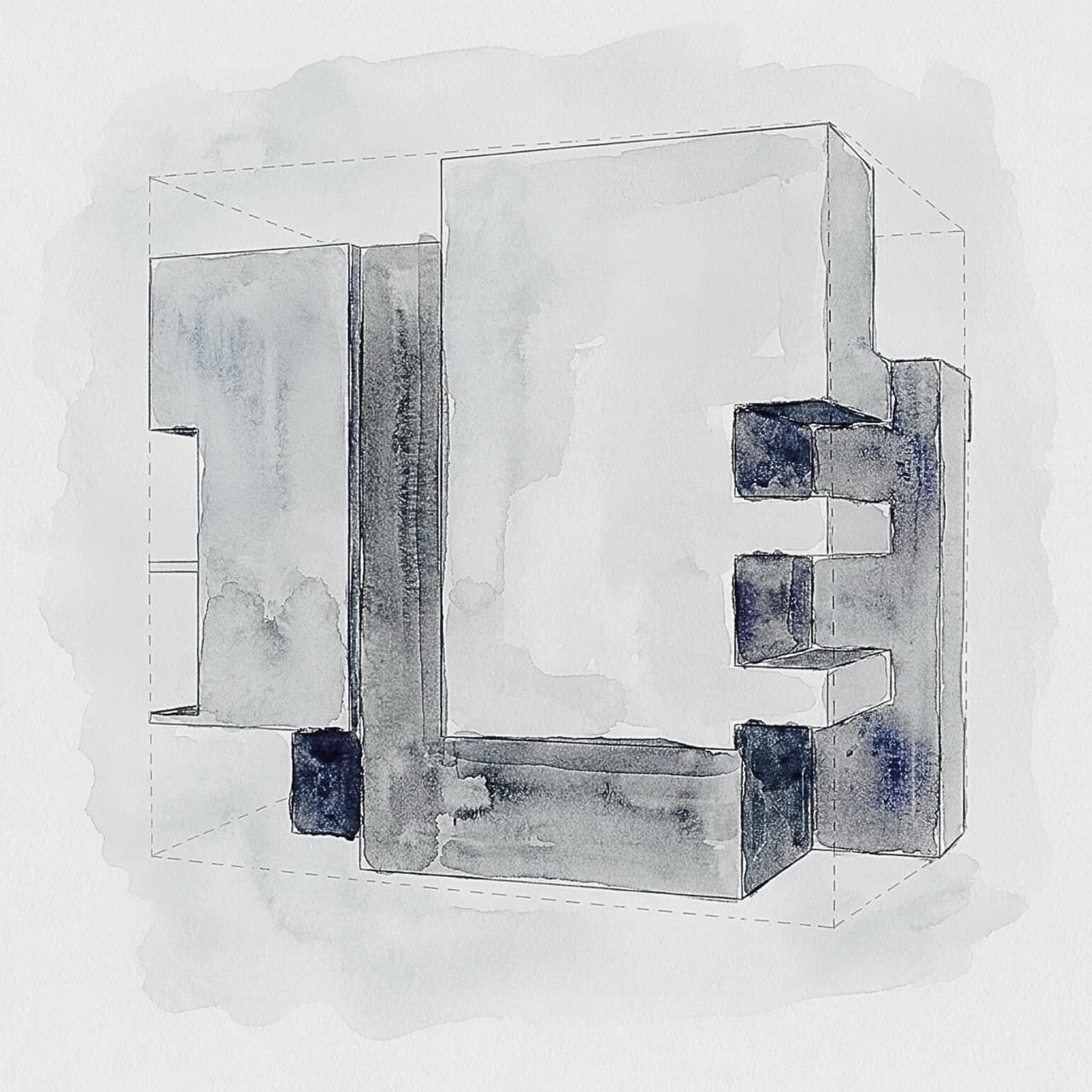 Conceptual architectural sketch illustrating the subtraction and articulation of geometric volumes within a cubic form, highlighting the interplay between solids and voids.
