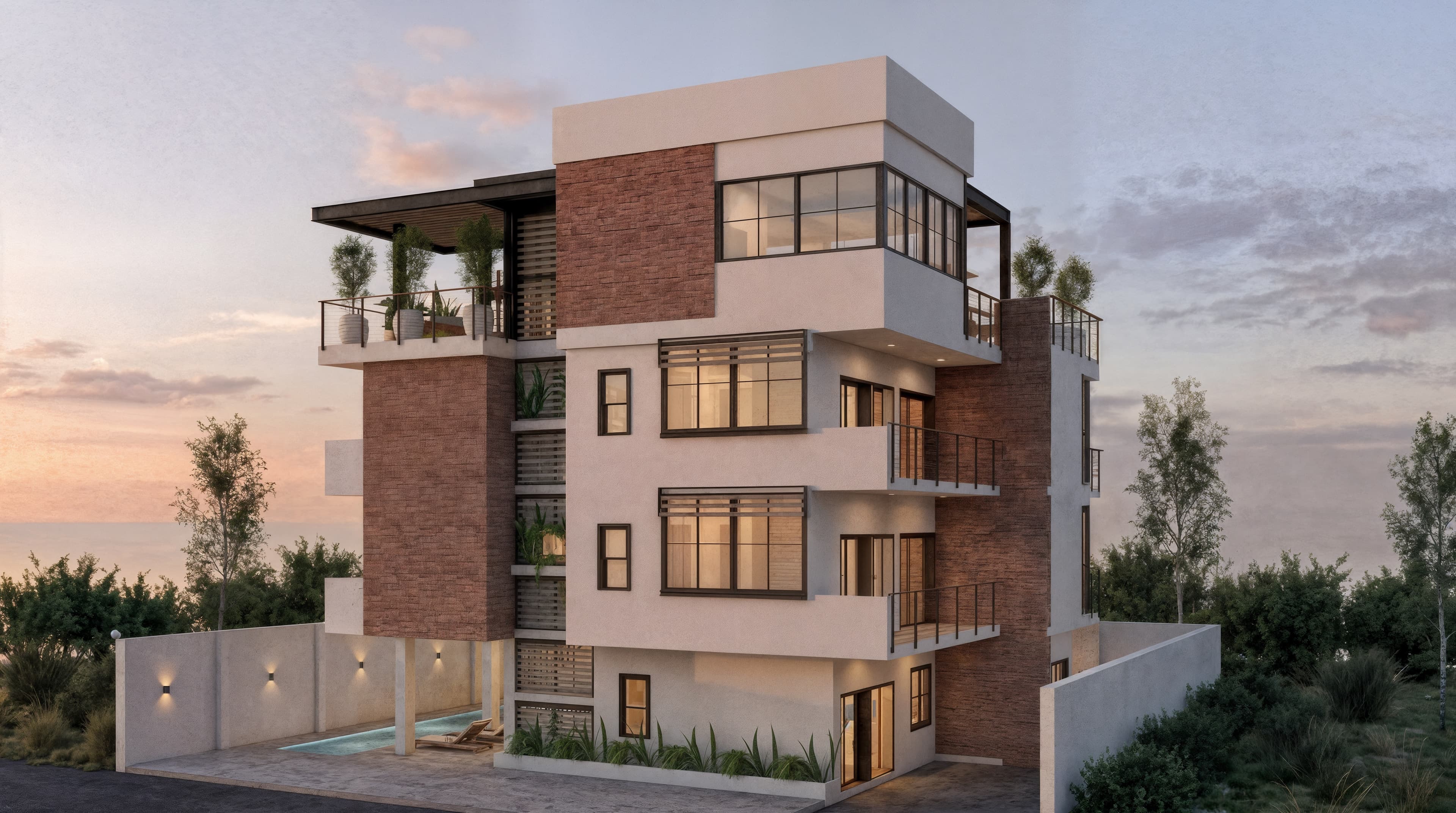 Architectural rendering of a contemporary multi-story residence featuring exposed brick, white geometric volumes, expansive windows, landscaped terraces, and a ground-level pool at sunset.