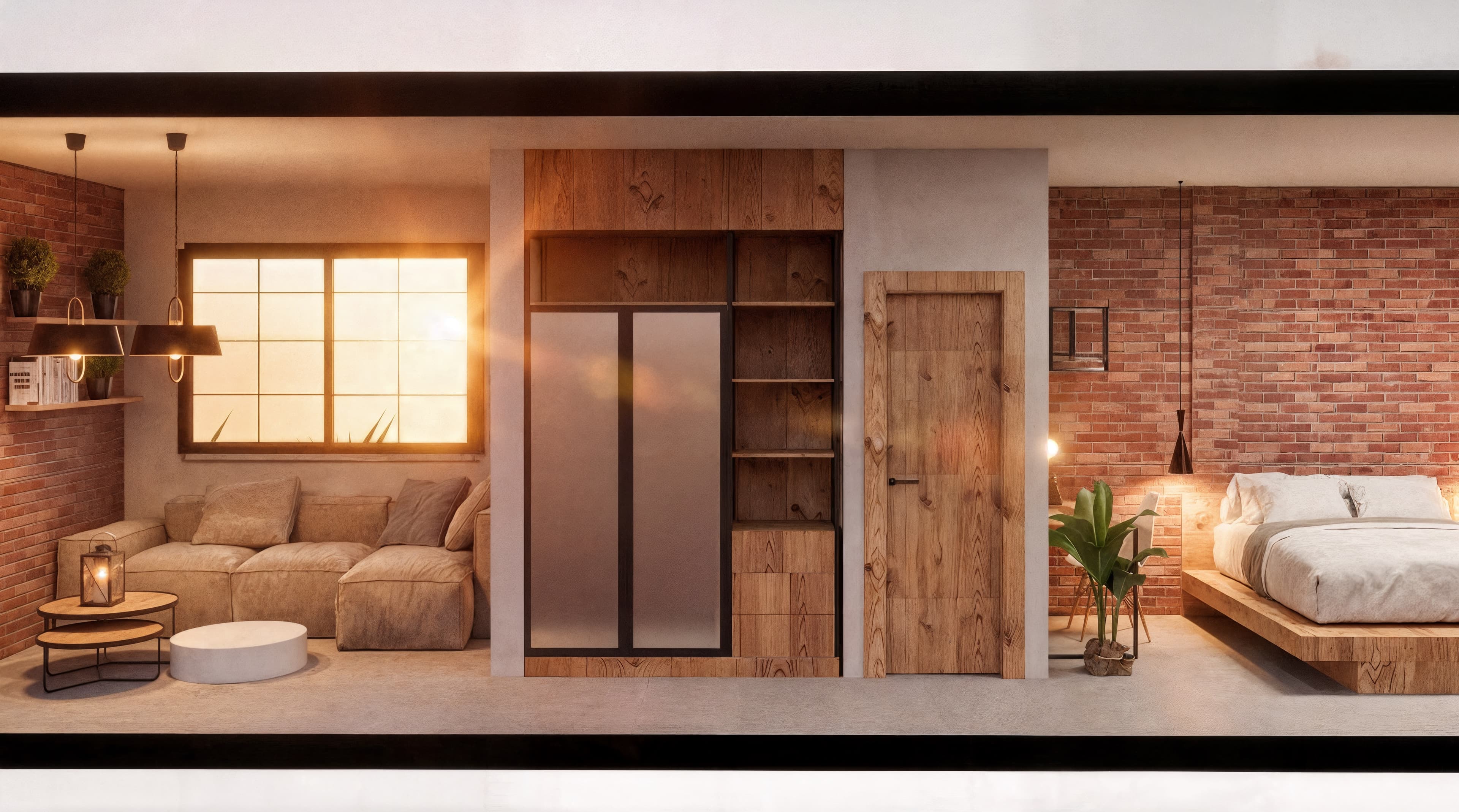 Interior architectural rendering featuring warm wood cabinetry, exposed brick walls, and concrete finishes.