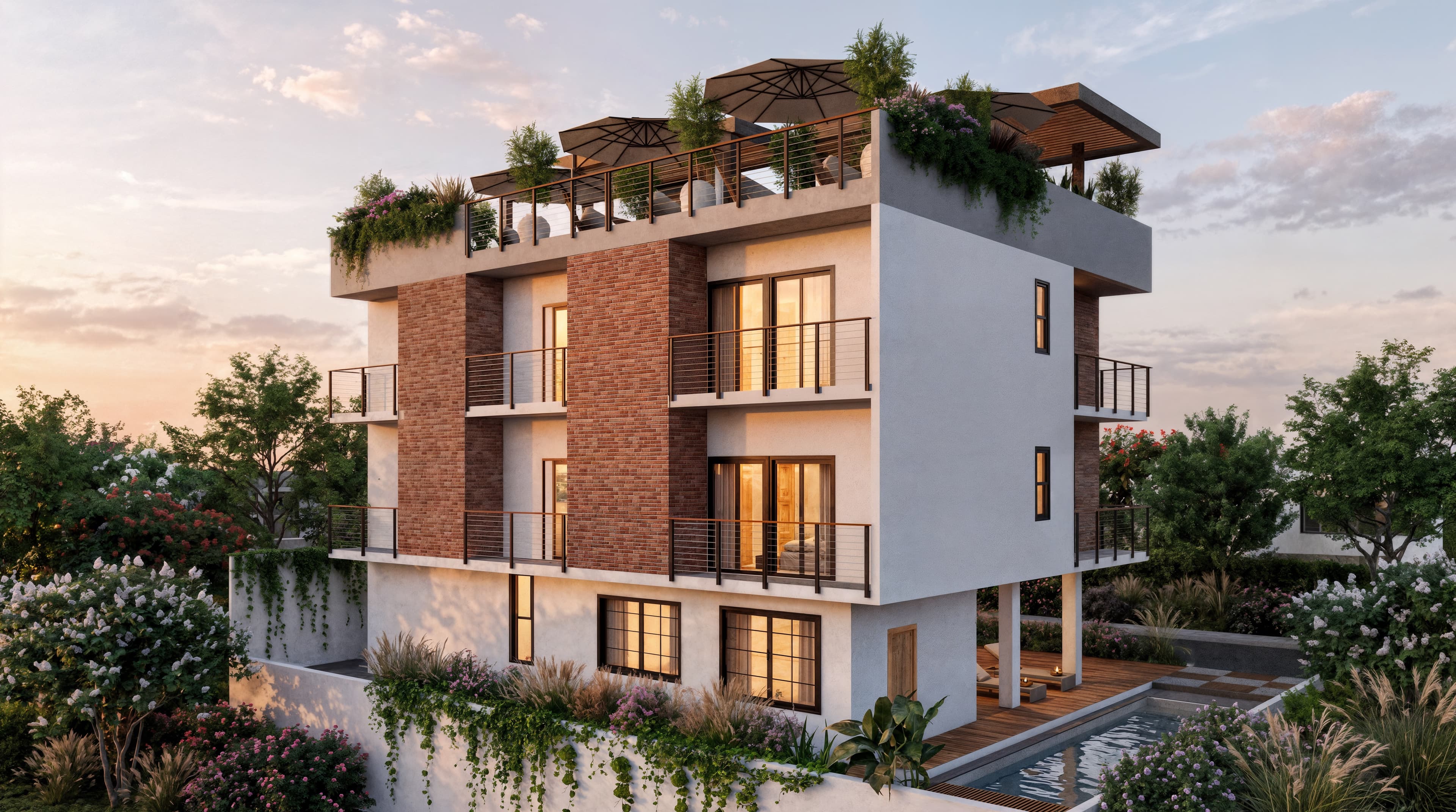 Aerial architectural rendering showing exposed brick, white walls, and the building's geometric composition.