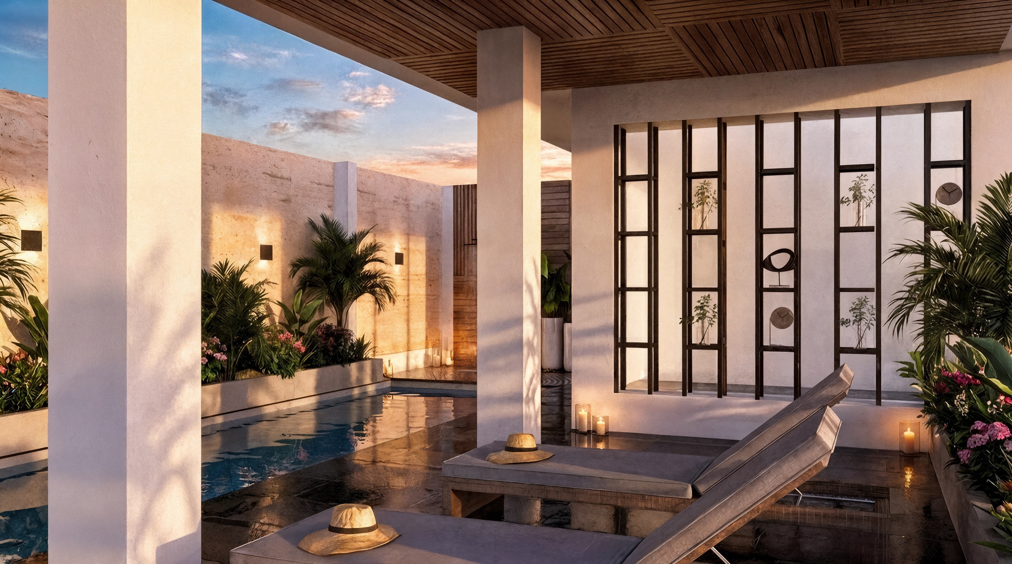 Architectural rendering of a swimming pool beneath a timber canopy, surrounded by outdoor seating and landscaped areas.